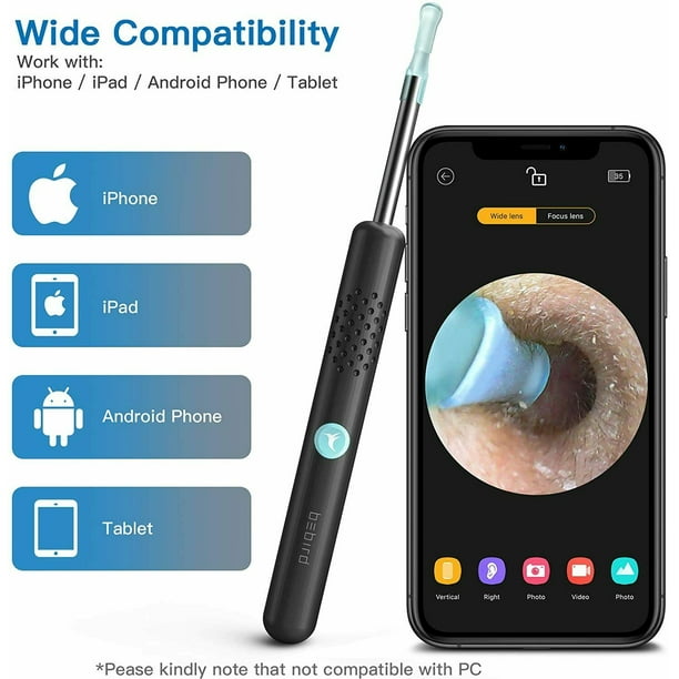 Bebird R1 Ear Cleaner Ear Wax with 3.0 MP Camera Ear Pick 1080P HD, Wireless Remover Tool with 6 LED Lights: Ear Cleaning Tool with 130 mAh Battery for IOS & Android Phone, Black