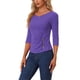 thumbnail image 4 of Blusa de mujer con fruncidos INSPIRE CHIC, decoración de botones, cuello en V, manga 3/4, top de punto sólido, 3XL, violeta, 4 of 6