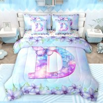 Manfei Aesthetic Letter D Bedding Comforter Set 7pcs for Kids, Blue Kawaii Butterfly Queen Bedding Sets, Fairy Tale Princess Style Reversible Queen Sheet Sets, Lightweight Room Decor