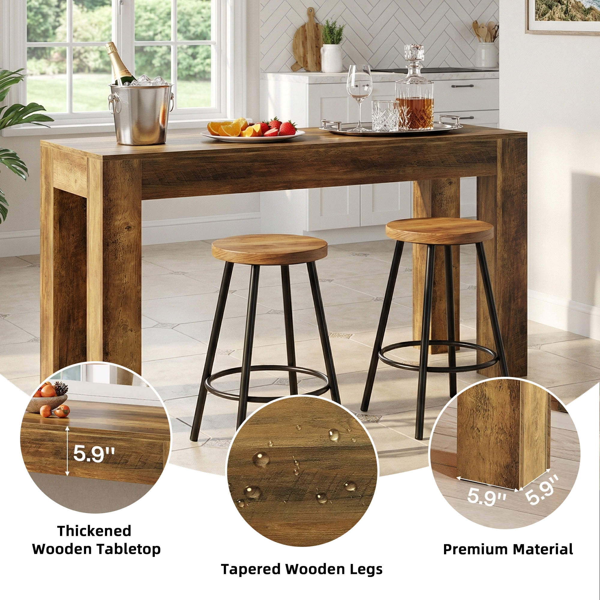 MAYEERTY 63 Inch Long Rectangular Counter Height Pub Table, Farmhouse Wooden Bar Table with Four Sturdy Legs for Breakfast Nook and Home Gathering