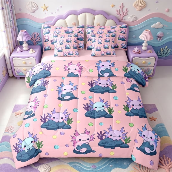 Manfei Kawaii Axolotl Pattern 7-Piece Twin Bedding,Ocean Themed Animal Bedding Comforter Set,Pink Reversible