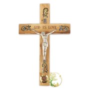 Wood hand carved wooden cross - God is love crucifix with Bethlehem's incense made in the Holy Land by craftsmen - Dimensions 5" x 3"
