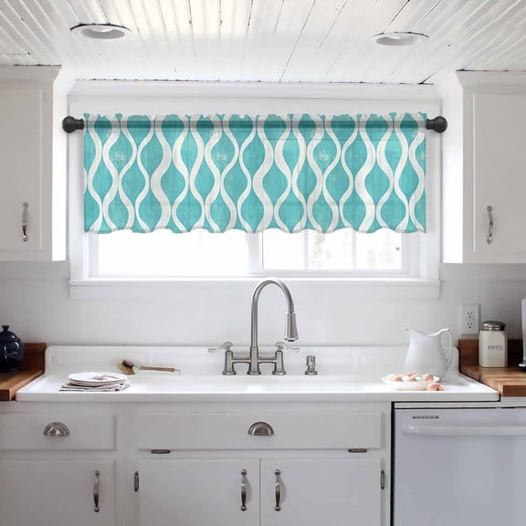 Teal Wave Valance Curtains for Kitchen/Living Room/Bathroom/Bedroom Window, Modern Abstract Art Farmhouse Rod Pocket Small Topper Half Short Window Curtains Voile Sheer Scarf 42"x18"