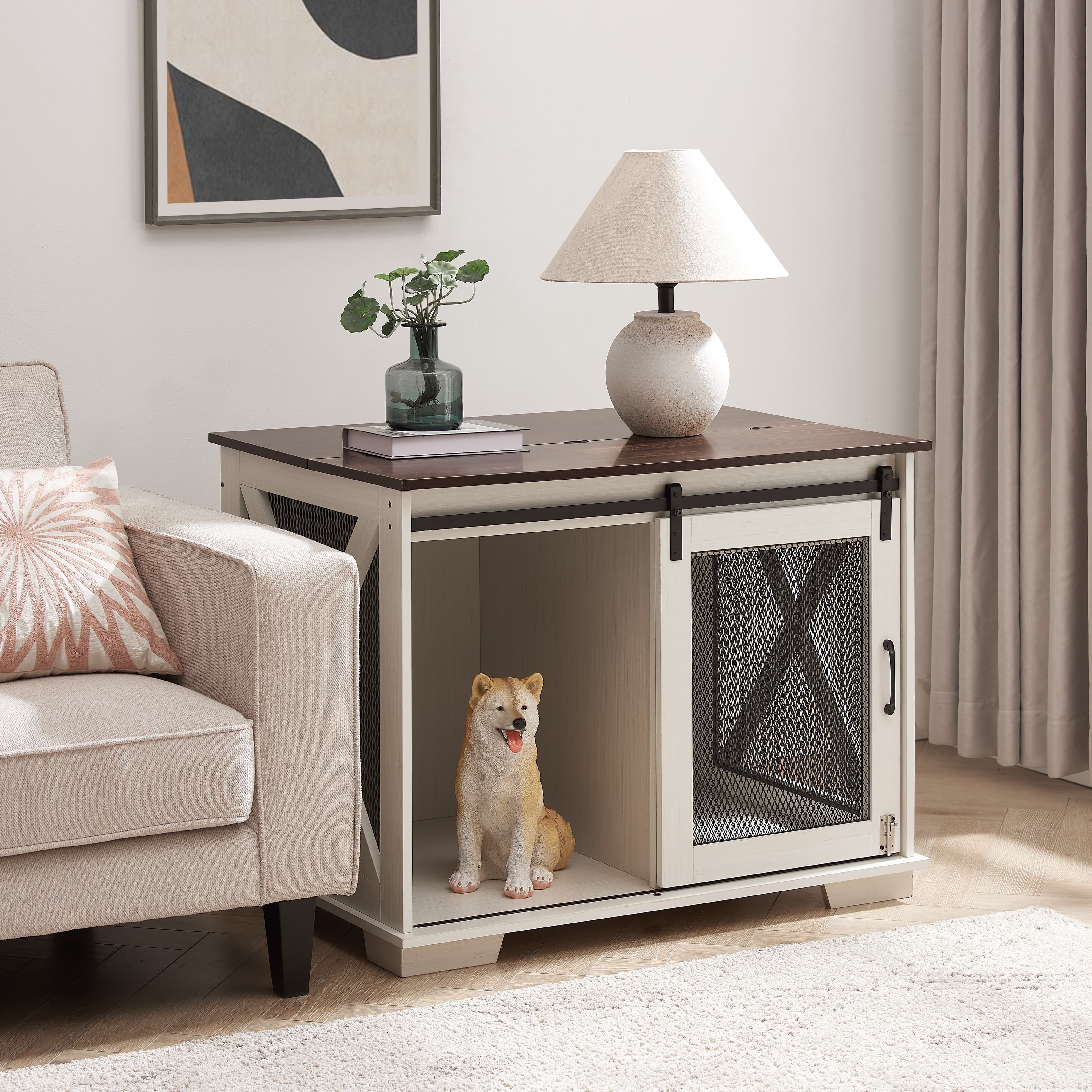 Farmhouse Dog Crate End Table Furniture – Sliding Barn Door, Flip-top Plate & Detachable Divider for Small/Medium/Large Dogs (Gray)