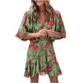 thumbnail image 4 of Babysbule Clearance Dresses For Women Summer Trumpet Half Sleeve Ruffle Hem Irregular Printed V-Neck Waist Mini Ruffle Short Dress, 4 of 8