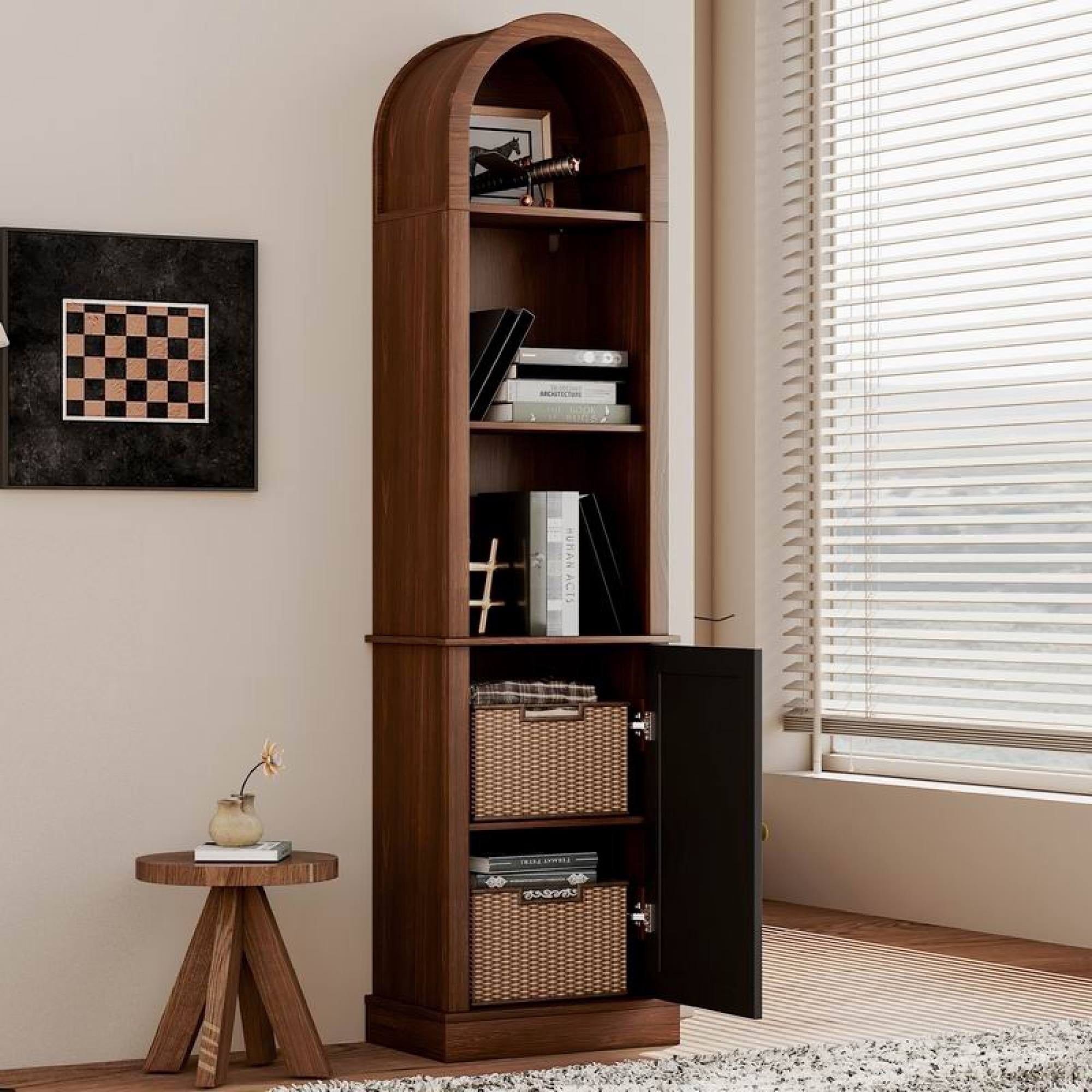 Leumius Tall Arched Corner Bookshelf with Shutter Door, Freestanding Narrow Wooden Corner Display Storage Rack, Multipurpose Corner Cabinet for Living Room, Bedroom