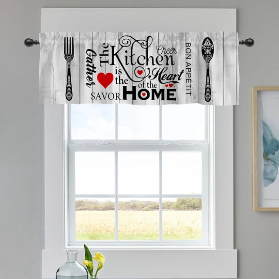 Kitchen Is the Heart of Home Quote Kitchen Curtains Valance for Window, Vintage Fork Spoon Farmhouse Gather Sign Seasonal Short Half Topper Rod Pocket Wooden Board Home Living Room Bedroom Decor 54x18