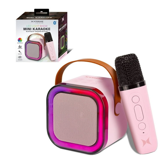 Xtreme LED Mini Karaoke Bluetooth Speaker & Mic, Multiple Light Show Modes, Wireless Microphone, Karaoke Filters, TF Card Reader, Control Buttons on The Mic & Speaker, 10-Foot Bluetooth Range (Pink)
