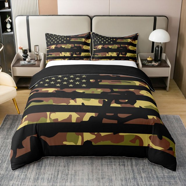 Erosebridal Housse de Couette Drapeau Américain 100 % Coton Simple, Literie Camouflage Rétro Taille Simple, Décor Militaire, Réversible 2 Pcs (Sans Couette)