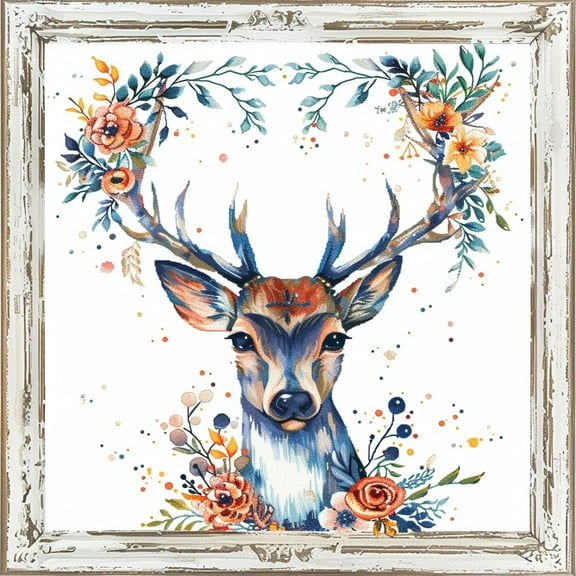 Simple Floral Deer DIY 11CT Stamped Cross Stitch Kits for Beginners Easy Needlepoint Embroidery Counted Cross Stitch Art Craft for Wall Decoration 14x14inch(2)