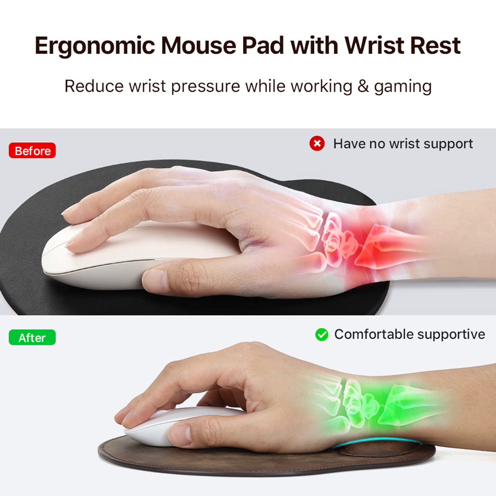 Ergonomic Mouse Pad with Wrist Rest - Premium Crazy Horse Leather Coffee Color - Gel-Filled Cushion, Non-Slip Microfiber Base, Comfortable Office & Home Desk Accessory (9.4" x 8.7")