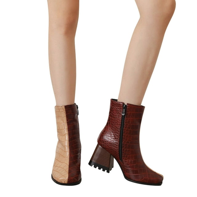 Cameland Large Women's Punk High Heel Rectangle Toe Thick Heel Zipper Contrast Mart Short Boots