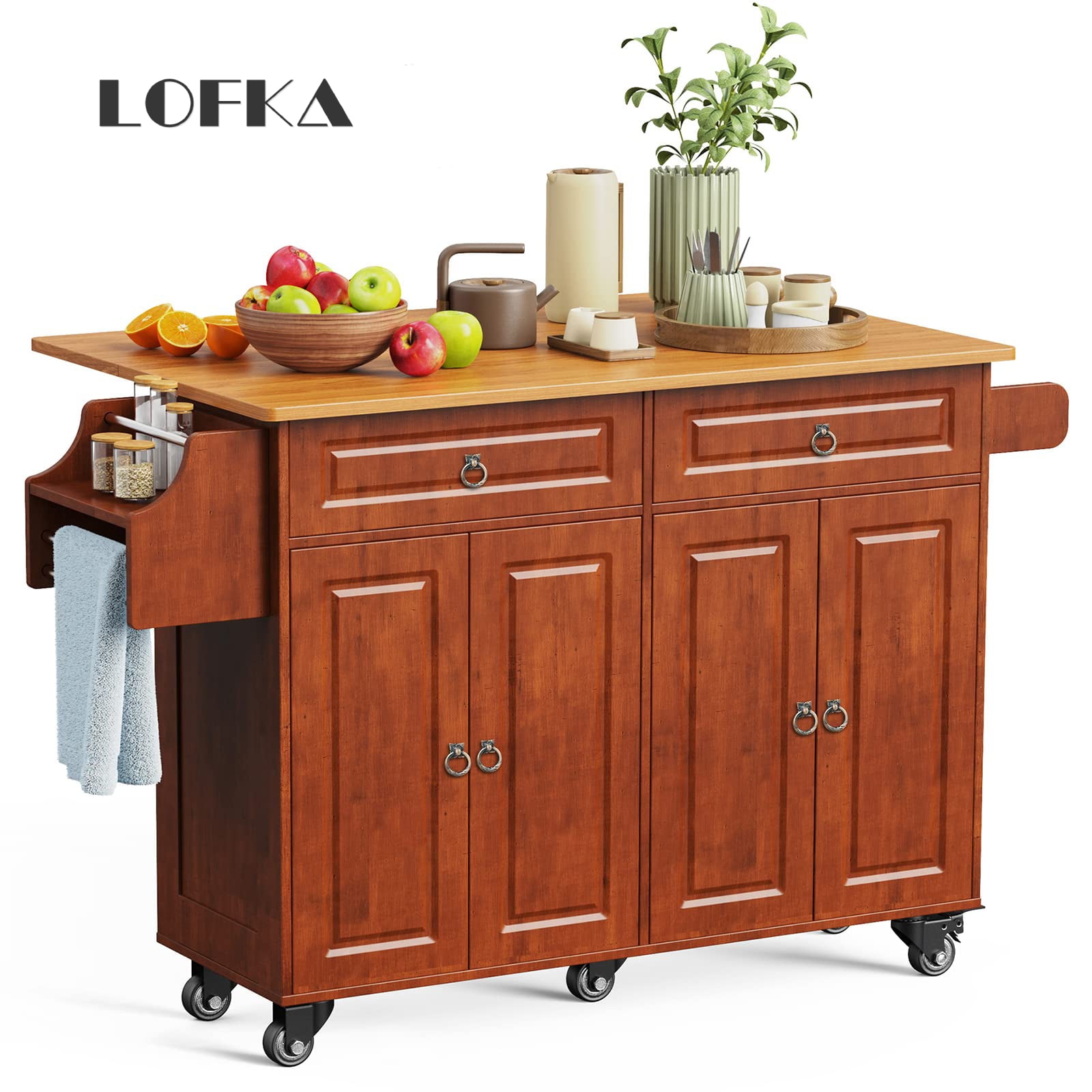 Lofka Kitchen Islands Carts with Storage, 52” kitchen Islands with 2 Storage Cabinet, Spice Rack, Towel Rack, Brown