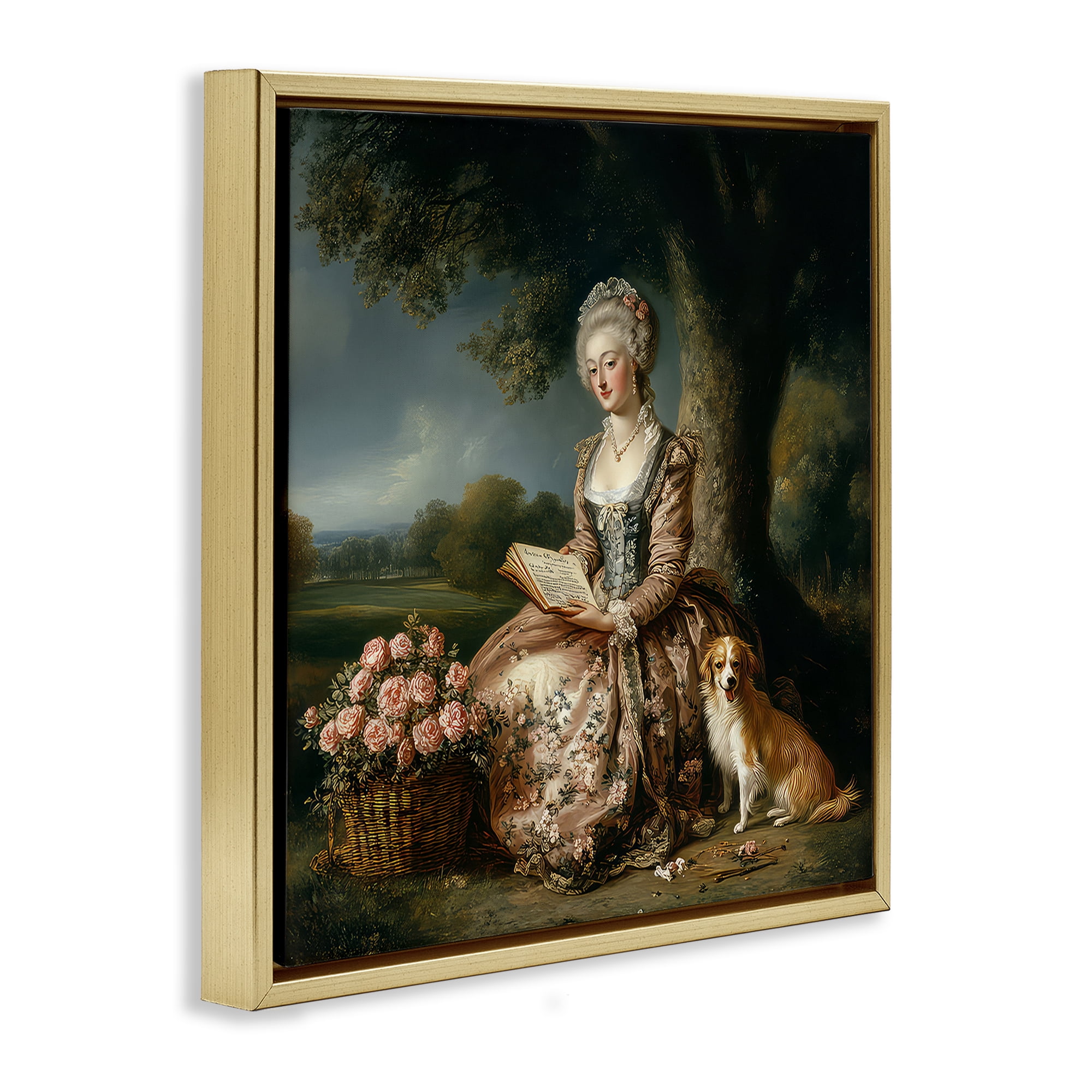 Stupell Industries Rococo Woman with Dog Gold Framed Floater Canvas Wall Art, design by The Wands Want