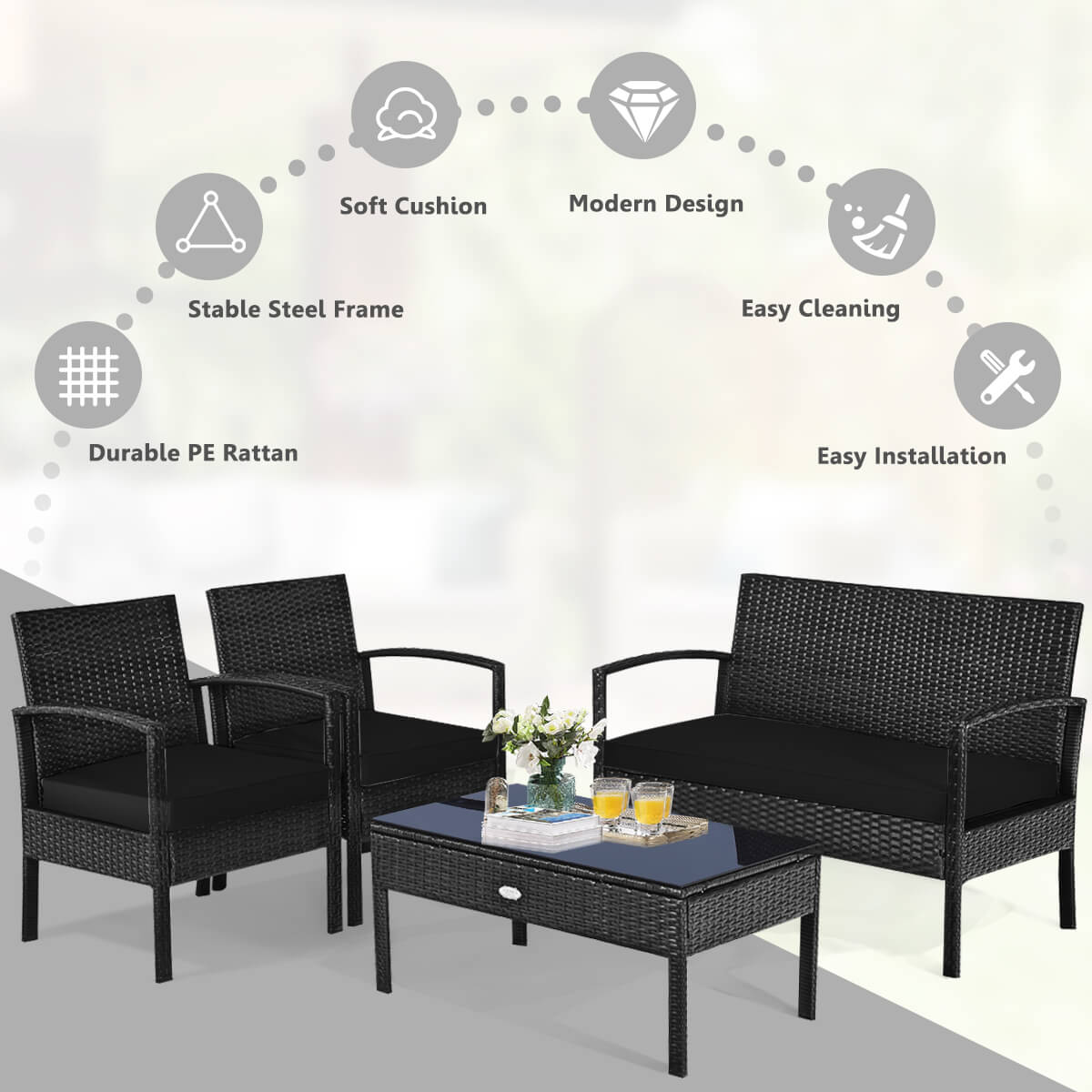 Costway 4 PCS Outdoor Patio Rattan Furniture Set Cushioned Sofa Coffee Table Garden Deck
