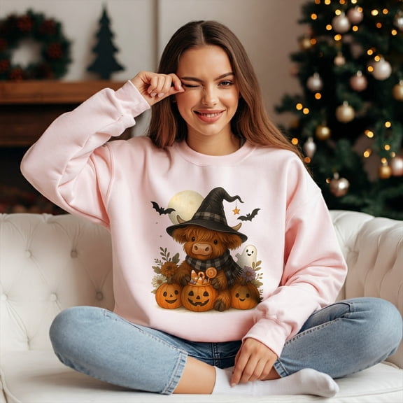 ViciArt Halloween Highland Cow Sweatshirt, Cozy Fall Witch Graphic Pullover