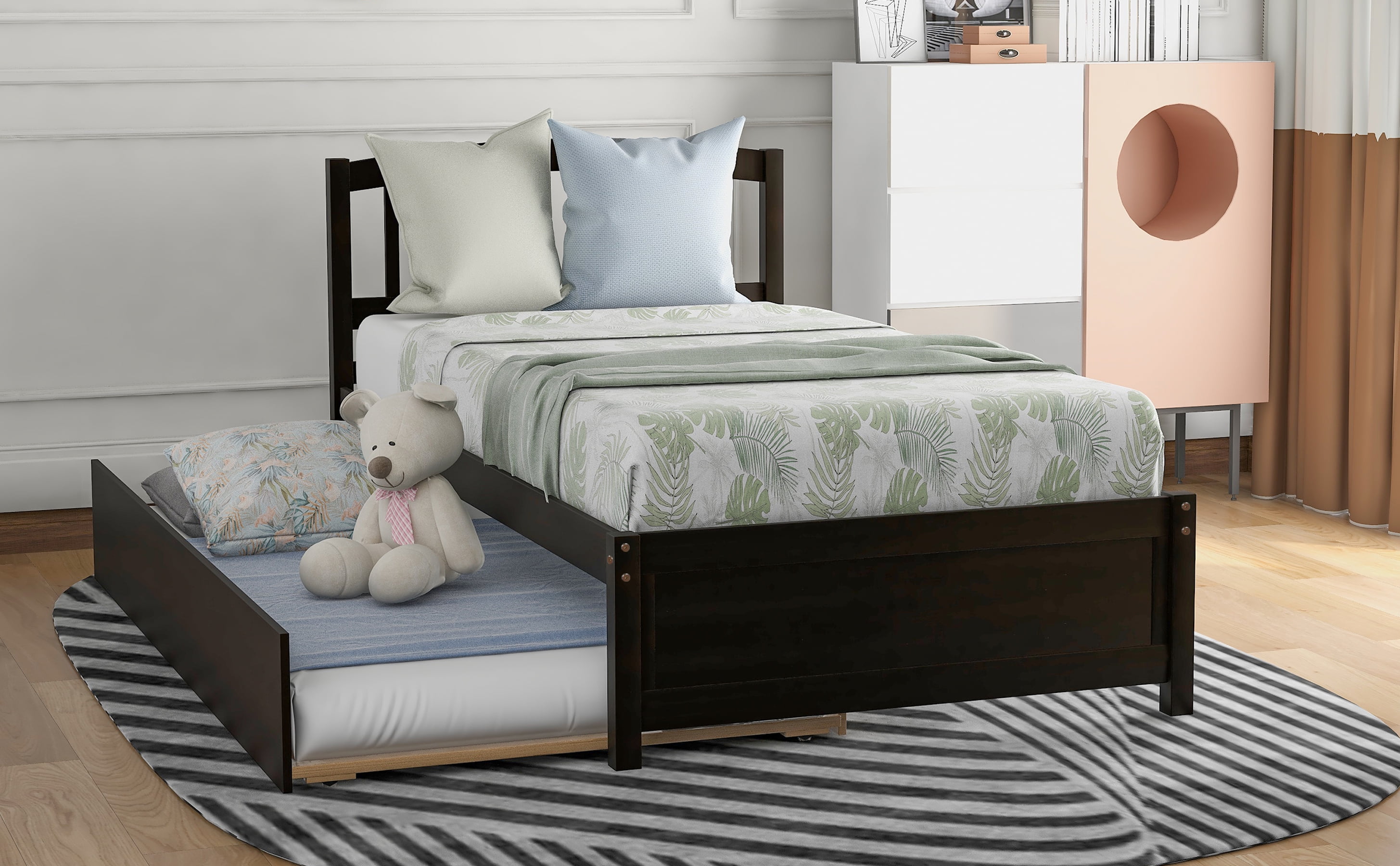 Aukfa Twin Bed with Trundle - Wooden Platform Bed Frame for Kids Teens - Espresso