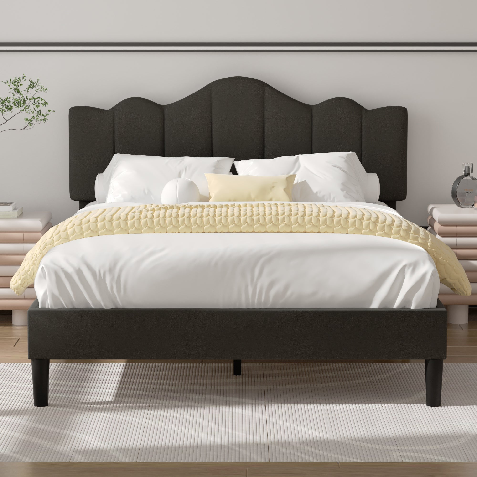 VECELO Queen Size Upholstered Platform Bed Frame with Adjustable Headboard, No Box Spring Needed, Easy Assembly, Dark Gray