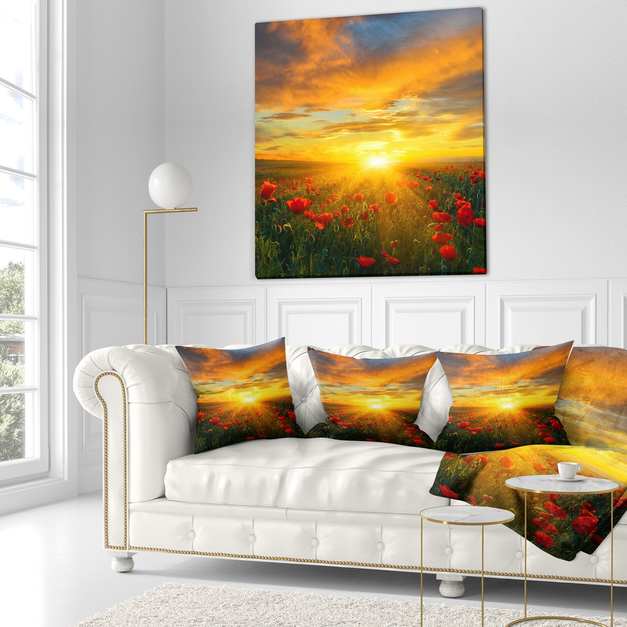 Designart Bright New Day over Poppy Fields - Floral Throw Pillow - 16x16