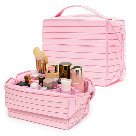 Travel Makeup Bag,PU leather toiletry bag,make up organizer case for women,Large Capacity Cosmetic Bag,Wide-open Pouch Purse,Toiletries Accessories,Fold-Down Design and Adjustable Dividers