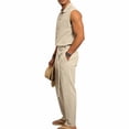 thumbnail image 4 of Ceisia Men Lapel Sleeveless Button Down Shirt and Belted Straight Leg Pants 2 Piece Linen Outfit Khaki XL Gift, 4 of 8
