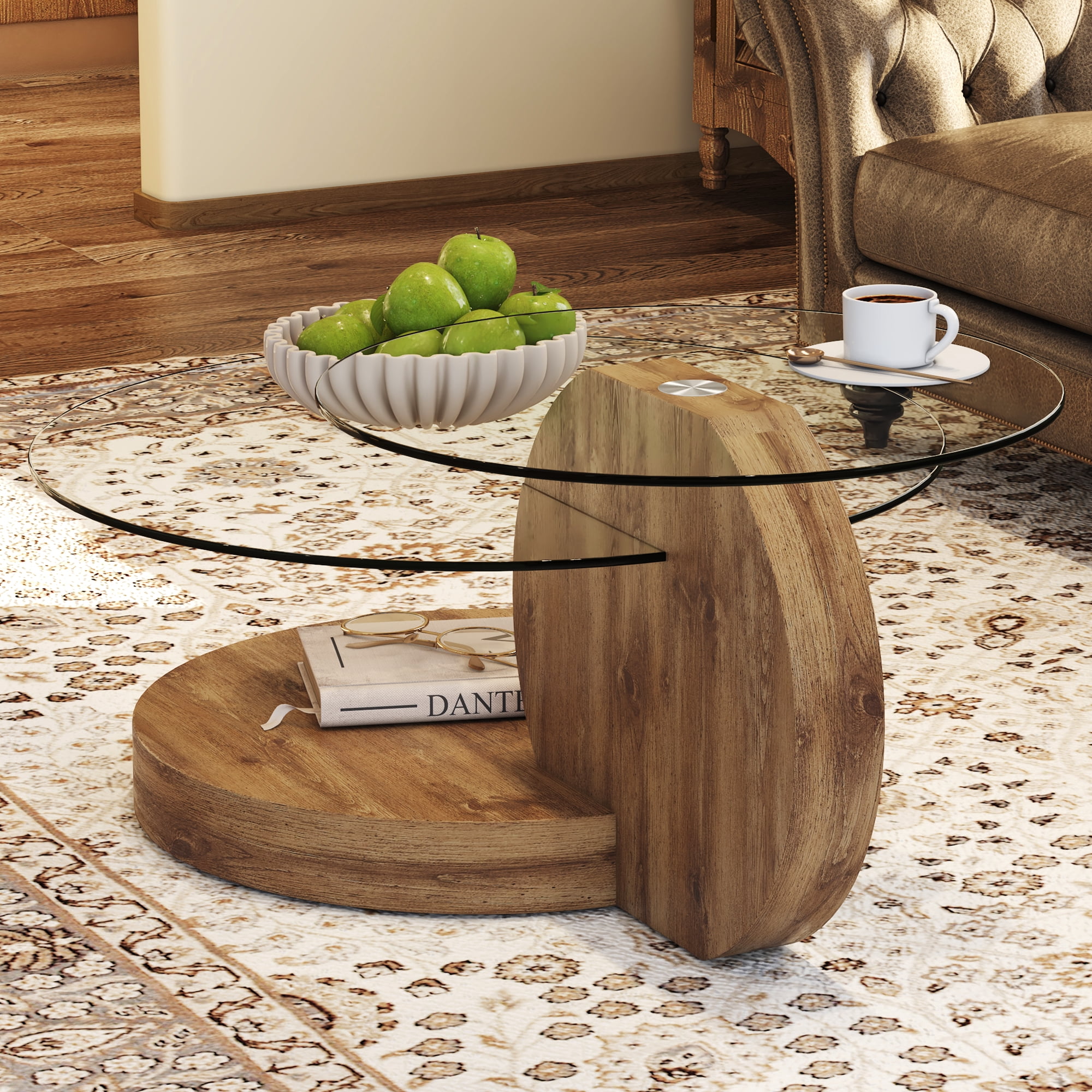 Vanress 42" Glass Coffee Table, Round Coffee Table, Modern Double Layer Round Glass Coffee Table for Living Room, Wood