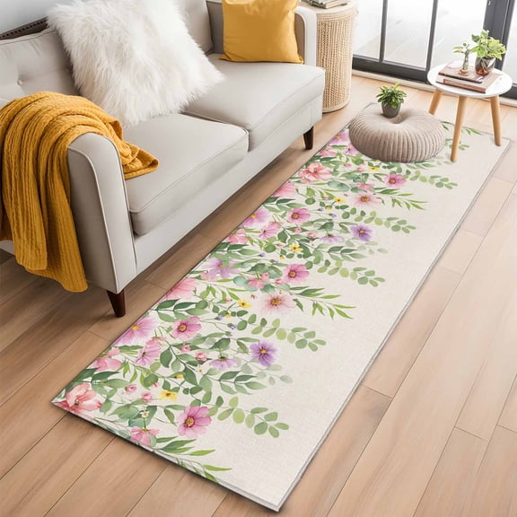 Colorful Flowers 2'x6' Runner Rugs for Hallway Kitchen Bedside Non Slip, Spring Floral Leaves Botanical Country Beige Entryway Rug Runners with Rubber Backing, Long Carpet Runner for Laundry Room