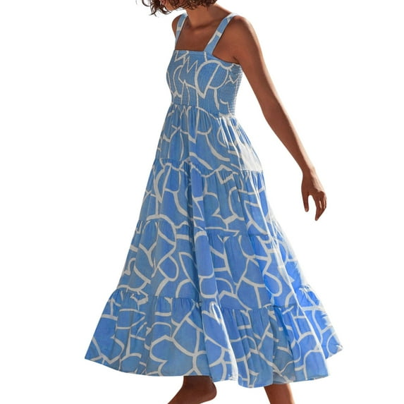 KaLI_store Women's Casual Dresses Women's Summer Casual Boho Dress Floral Print Ruffle Puff Sleeve Wrap Dress Blue,S