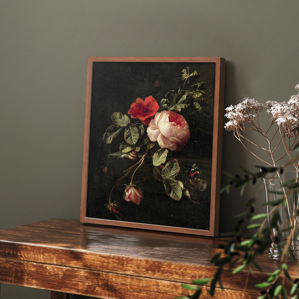 Vintage Floral Print CCCLXI - 14in. x 11in. Vintage Framed Print in Walnut Wood Frame