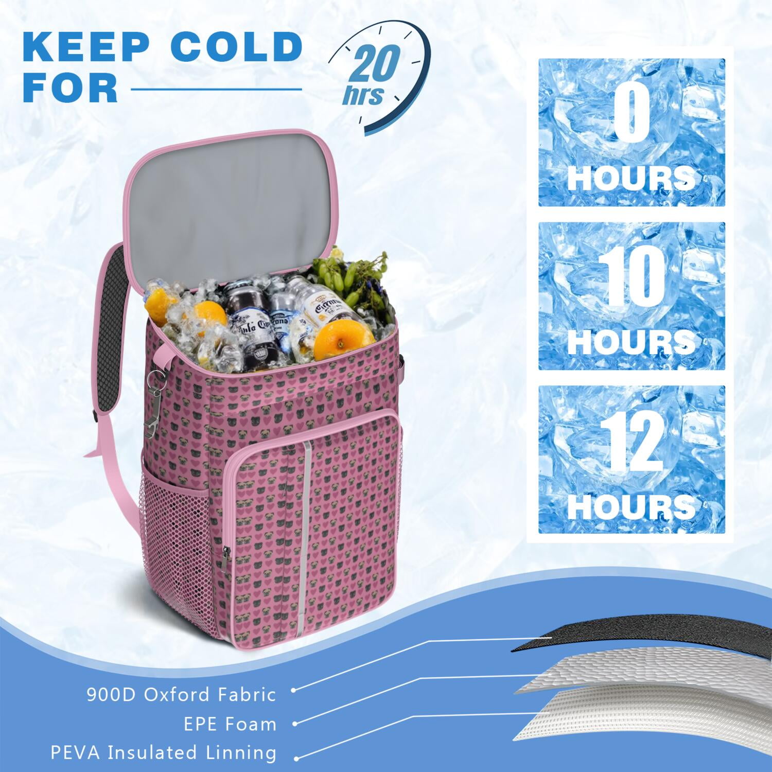 Travel Cooler Bag - Pink Pug Puppies Camping Beer Cooler Backpack with Bottle Opener- Waterproof Insulated Picnic Backpacks - Cooler Bag for Beach