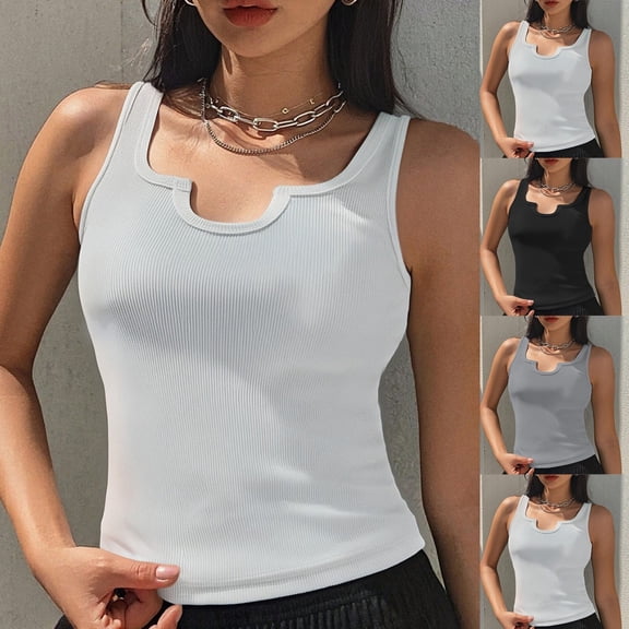 Women's Tank Top U-shaped Collar Sleeveless Cotton Tank Top Form Fitting Ribbed Knit Basic Shirts Fitness Sport Yoga Running White