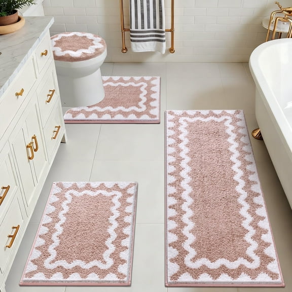 Findosom 4-Piece Bathroom Rugs Set,Non Slip Absorbent Bath Mat,Machine Washable Microfiber Quick Dry Bath Rug for Bathroom Bedroom Kitchen Shower Tub,Pink