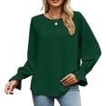 thumbnail image 1 of Jersey de cuello redondo para mujer, Tops elegantes de manga larga con puños fruncidos de fibra de poliéster de Color sólido para otoño verde XXL, 1 of 6
