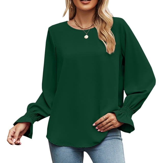 Jersey de cuello redondo para mujer, Tops elegantes de manga larga con puños fruncidos de fibra de poliéster de Color sólido para otoño verde XXL