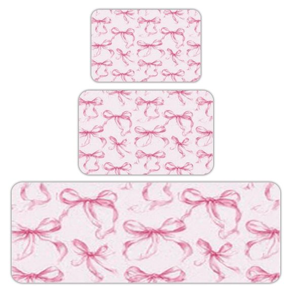 RKSupls Kitchen Rug Set 3 Piece Anti-Slip Flannel Floor Mats, Pink Bows Pattern Washable Absorbent Runner Mats for Kitchen Bathroom Home Decor