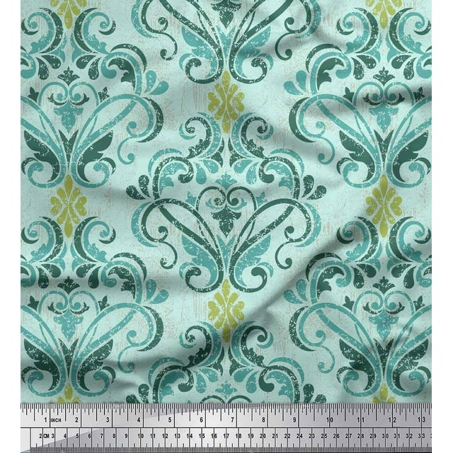 Soimoi Tissu en Voile de Coton Vert Design Vectoriel Damas Imprimé 1 Yard 58 Pouces de Large