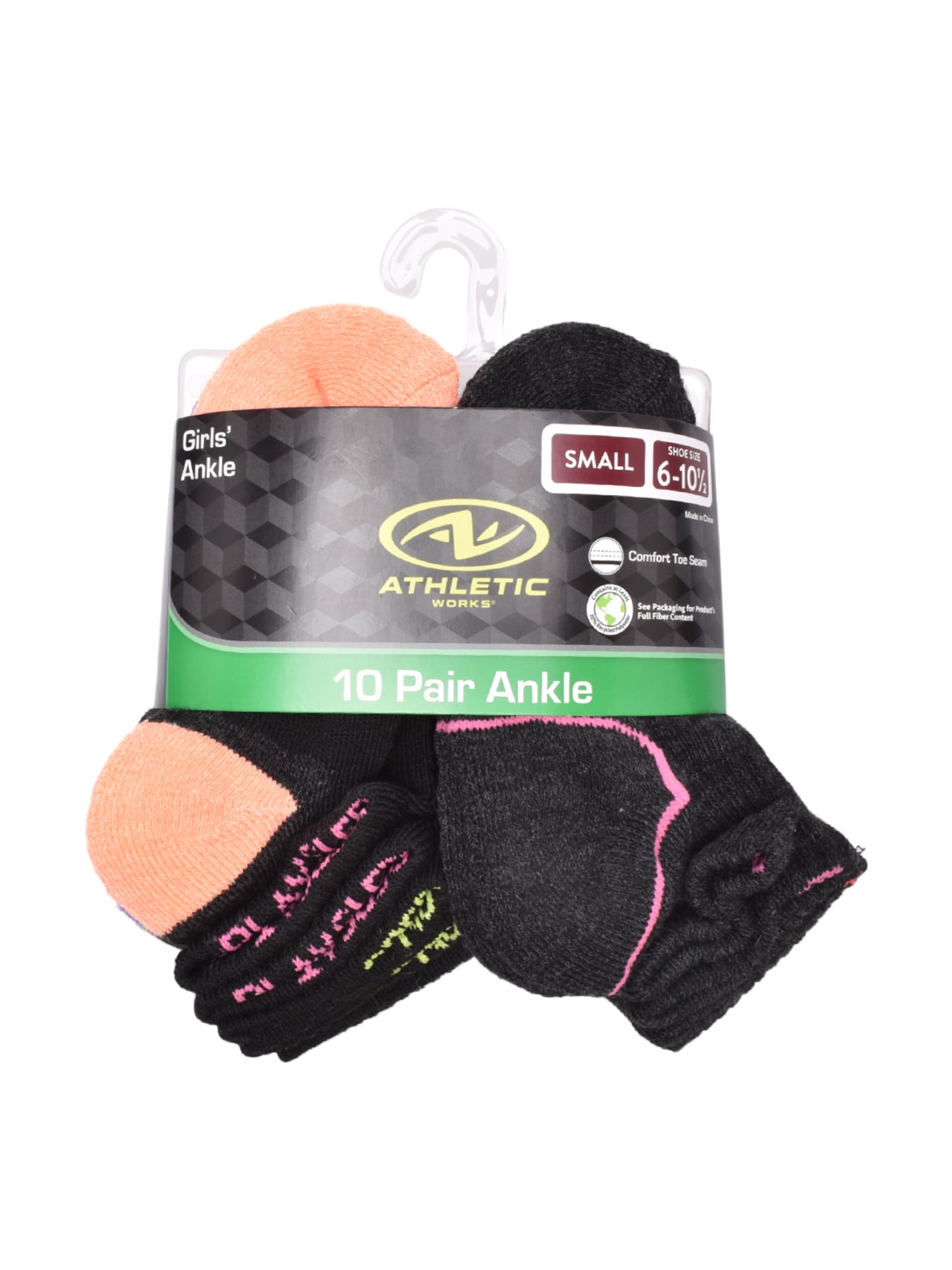 Athletic Works Girls Ankle Socks, 10 Pack, Sizes S-L