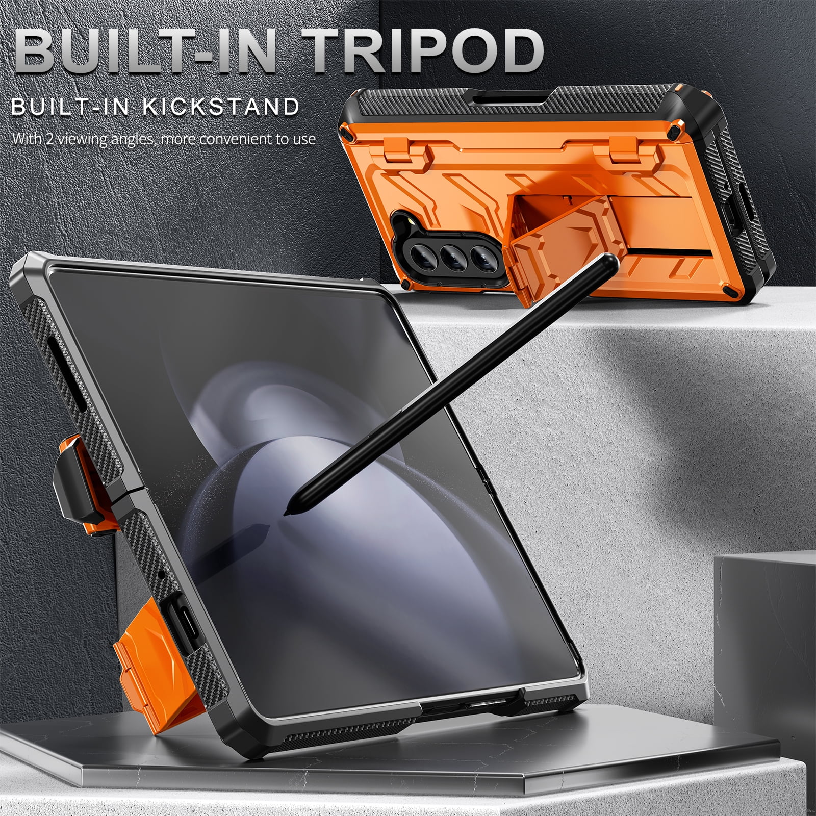 Cowithday for Samsung Galaxy Z Fold 5 Phone Case 2023 7.6", with S Pen Holder & Kickstand & Screen Protector [Wireless Charging], Hinge Protection  Stand Hard Rugged Soft TPU Bumper Cover, Orange