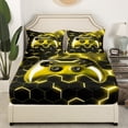 thumbnail image 3 of Erosebridal Gold Gamer Console Fitted Sheet Twin Gaming Room Decor, 3D Gaming Controller Geometric Honeycomb Bed Set Soft Microfiber Bed Sheets with 1 Pillowcase, 3 of 4