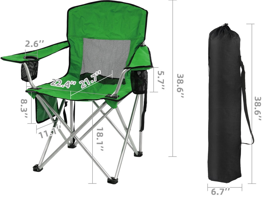 Gianna Foldable Camping Chairs, Outdoor Chair Camping Recliner with Support Mesh Backrest, Camping Recliner Lawn Chair with Cup Holder, Storage Pocket, Carrying Bag, Green