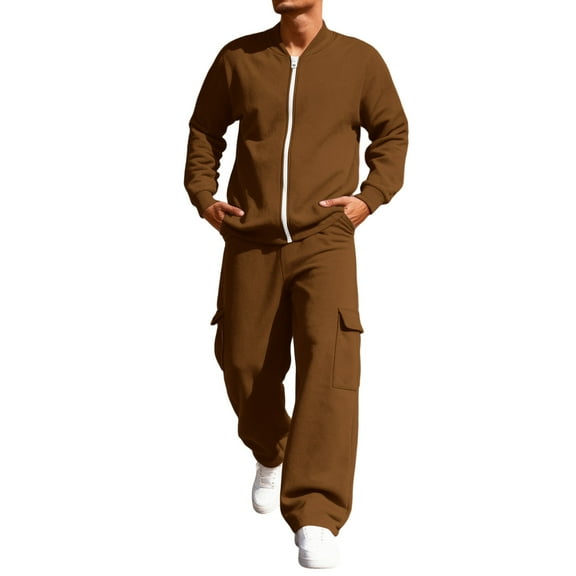 Homozy M-3xl Zip Up Sweatsuits Men 2 Piece Outfit Loose Fit Fleece Warm Full Zip Long Sleeve Sweatshirts and Cargo Sweatpants Casual Warm Sports Suit with Pockets Brown M