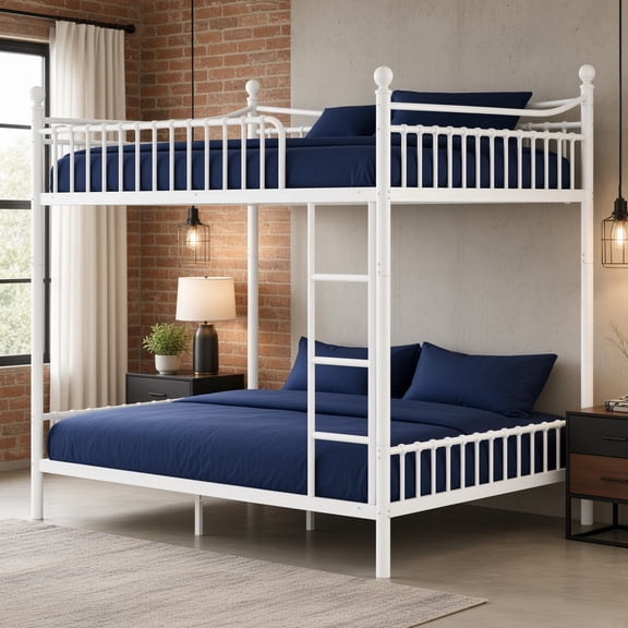 Full Over Full Metal Bunk Bed with Curved Guardrail, Round Tube Frame, No Box Spring Needed, Sturdy for Teens Adults, White