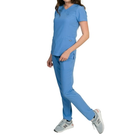 

Celeste Women s Stretch Scrubs Set Cross Over Neckline Top and Slim Leg Pants