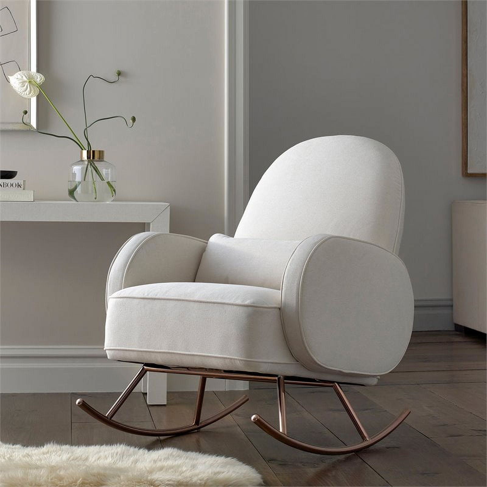 Million Dollar Baby Compass Upholstered Modern Fabric Rocker in Cream with Rose Gold Legs