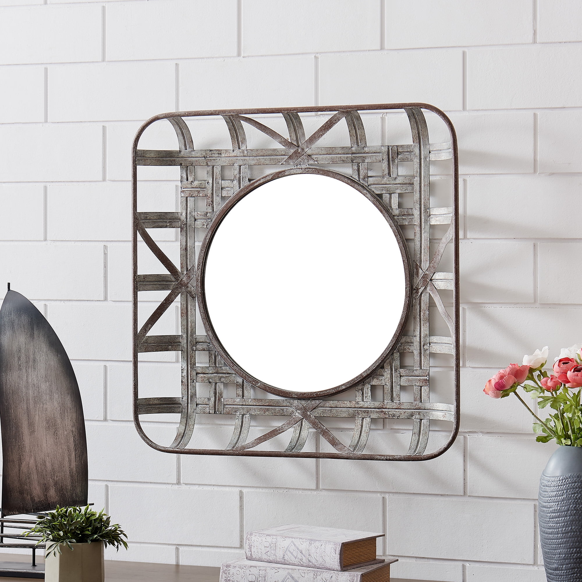 FirsTime & Co.® Farmhouse Woven Basket Mirror, American Crafted, Aged Gray, 24 x 2.75 x 24 in