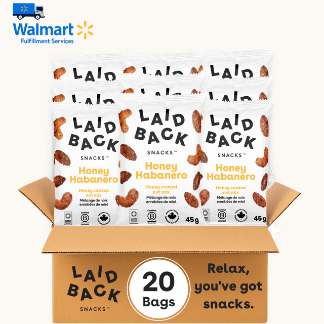 Laid Back Snacks | Mix Honey Habanero (Almonds, Cashews), 20 x 45 g - Healthy, Guiltless, Low fat, High fiber snack, Chips alternative