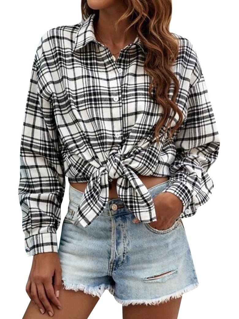 ZXZY Women Plaid Single-Breasted Lapel Long Sleeve Colorblock Blouse