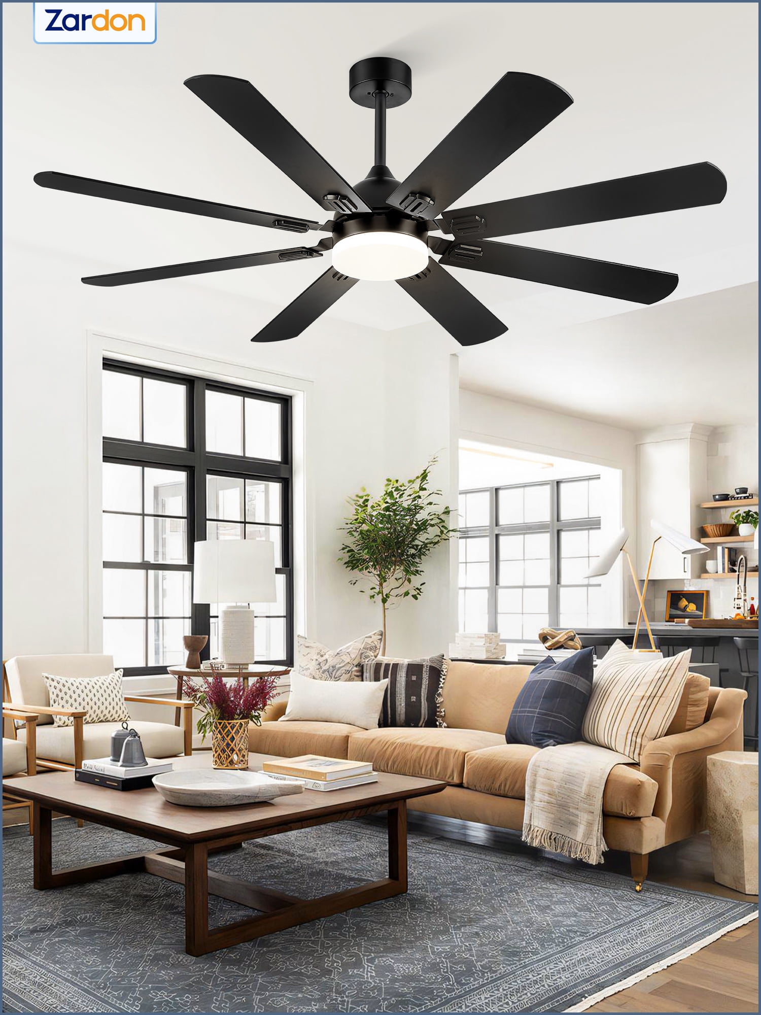 Zardon 62" Black Modern Ceiling Fan with Light and Remote Control, Reversible Quiet DC Motor, Bright LED Light, 6-Speed, Timer for Bedroom, Living Room