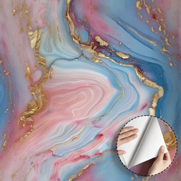 Pink Blue Gold Marble Wallpaper Modern Boho Aesthetic Peel and Stick Waterproof Wallpaper Home Decor for Living Room Bedroom Bathroom Kitchen Cabinet Drawer Dorm Room 17.7 * 118 in