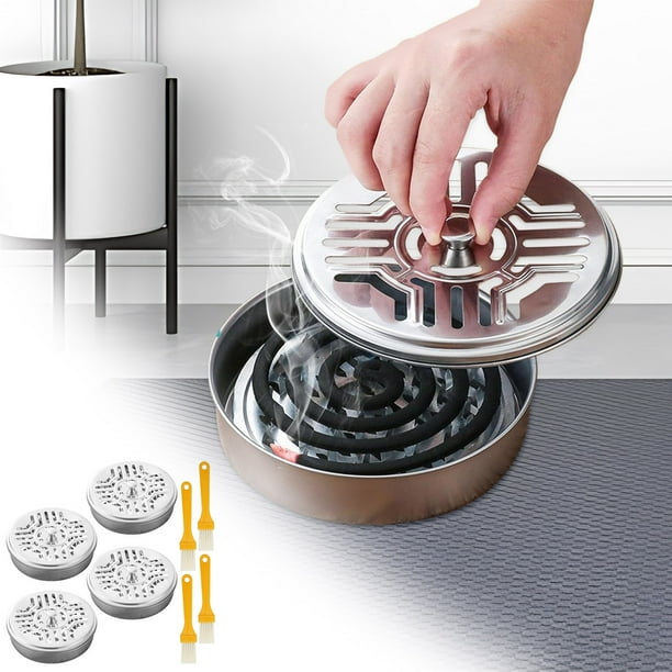 Juego de caja de bobina de mosquito de acero inoxidable | Soporte portátil para bobinas contra mosquitos con tapa | Diseño robusto resistente al calor | Incluye 4 pinceles | Mantiene las cenizas